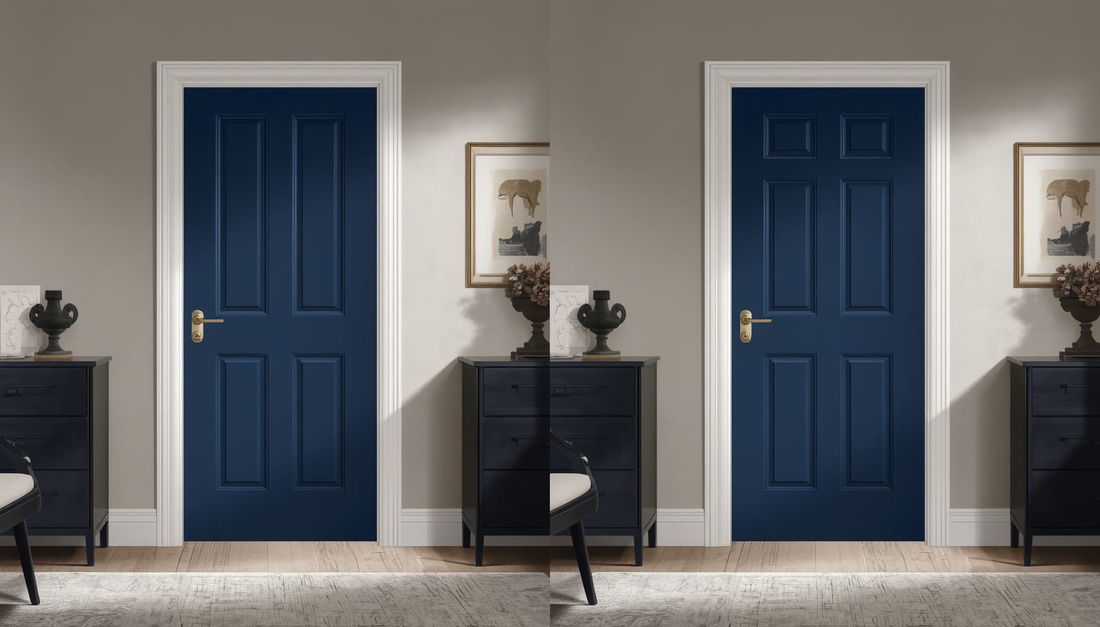 Flat-panel slab door beside a slim shaker door in matching colour