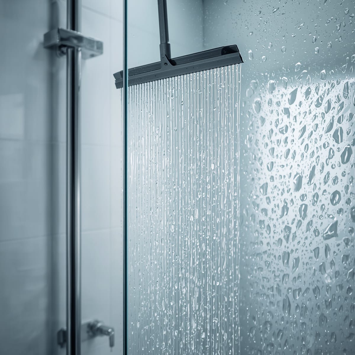Squeegee beside a shower with water-repellent coated glass beading water