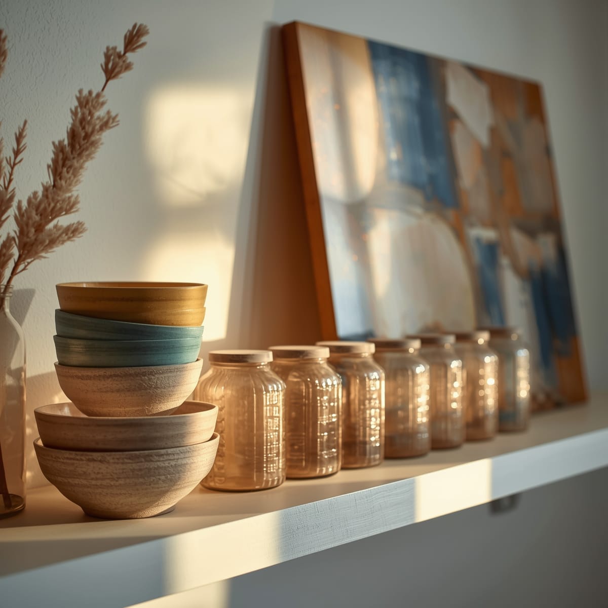 Styled open kitchen shelf with stacked bowls, matching jars and leaning art