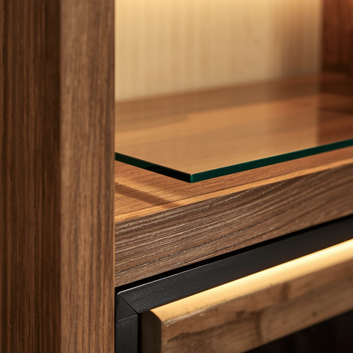 Solid oak shelf beside a glass shelf and a metal-and-wood shelf