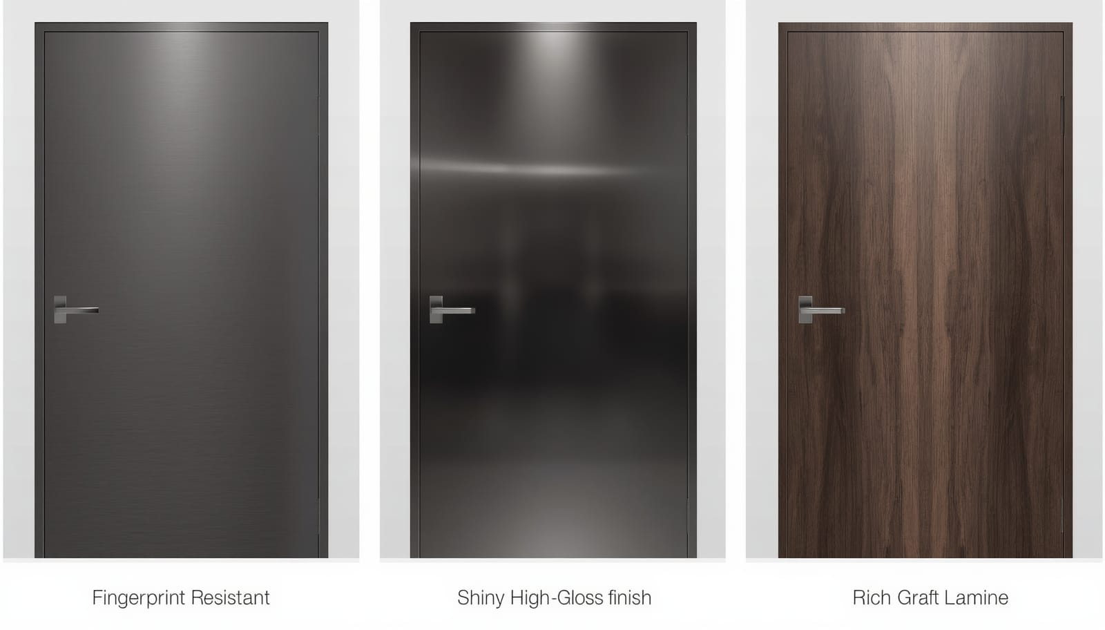 Matte, high-gloss and wood-grain laminate cabinet door samples