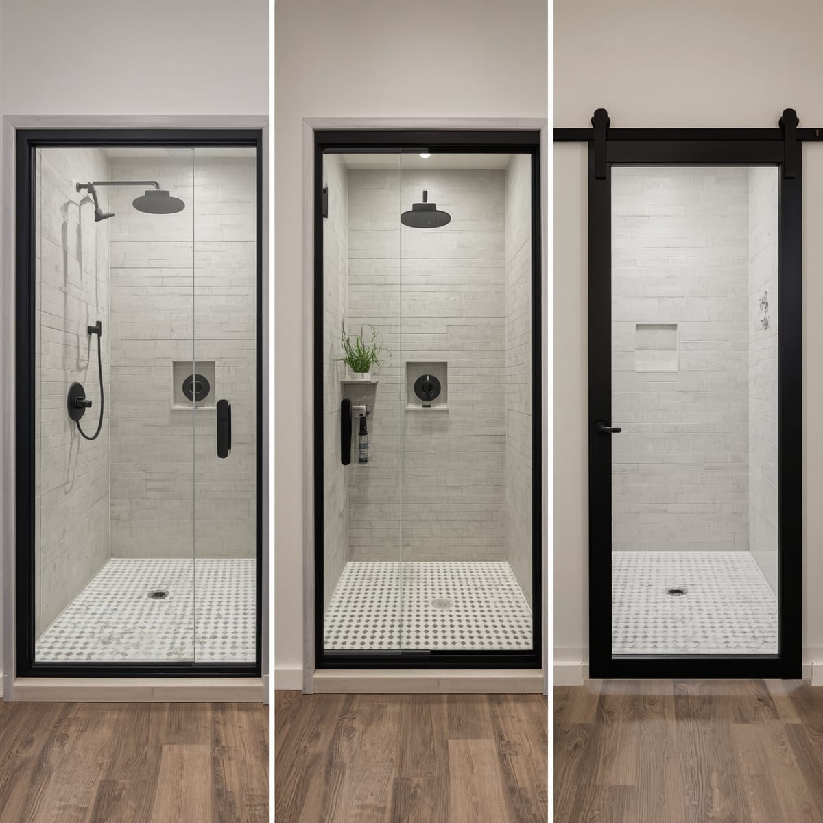 Framed, semi-frameless and frameless barn-style sliding shower doors