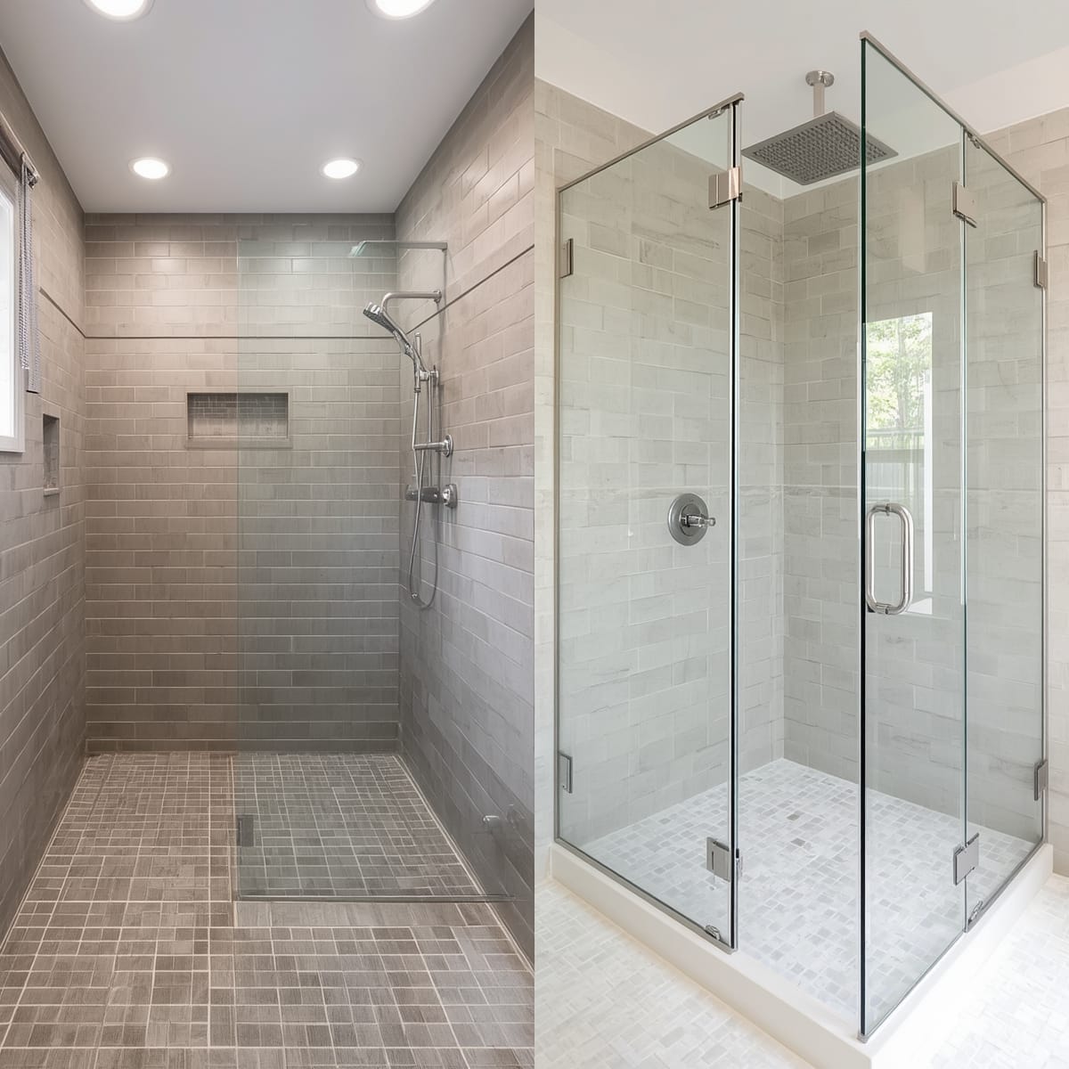 Tiled wet room with a glass screen beside a corner shower enclosure