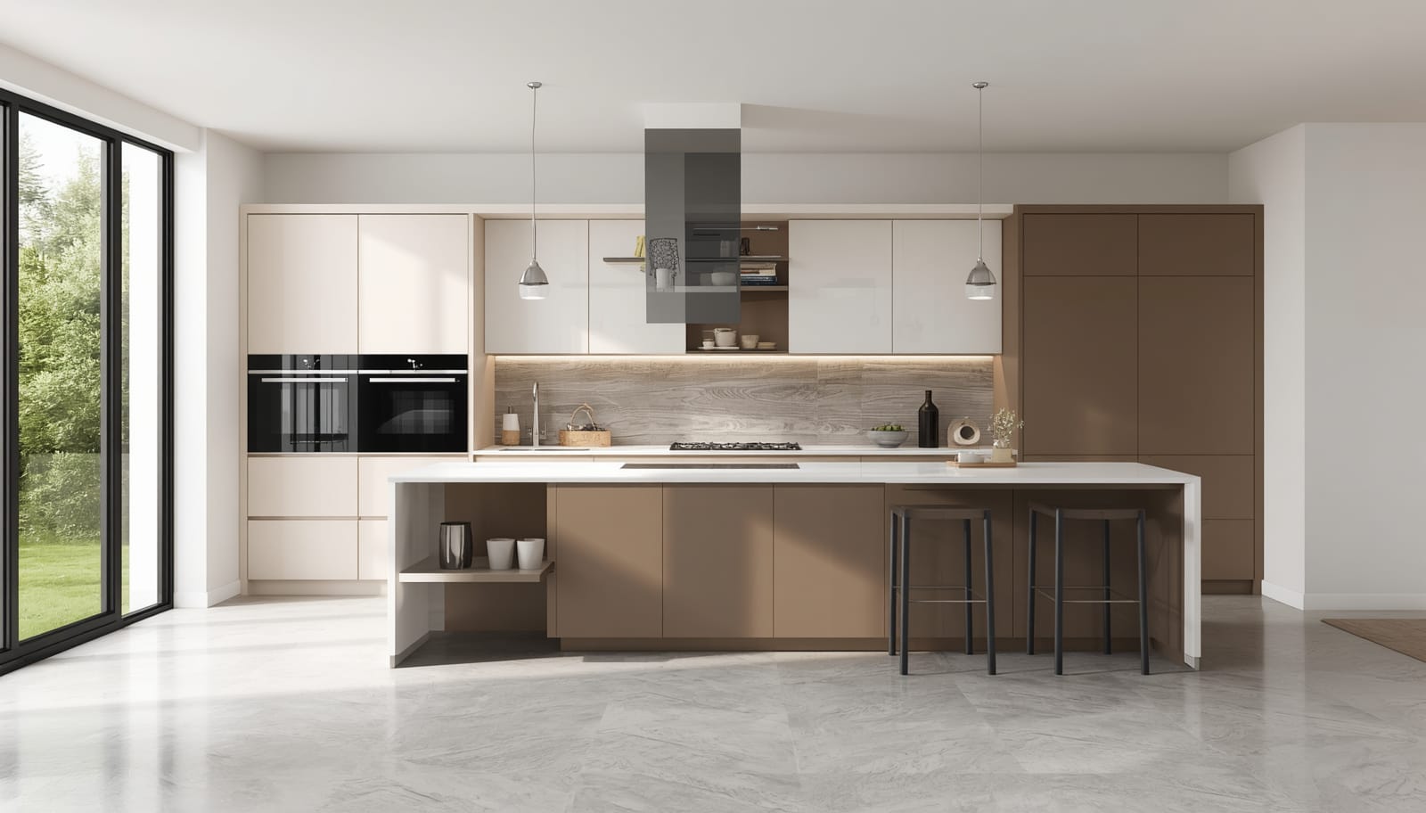 Two-tone modern kitchen with pale wall units and a deeper island