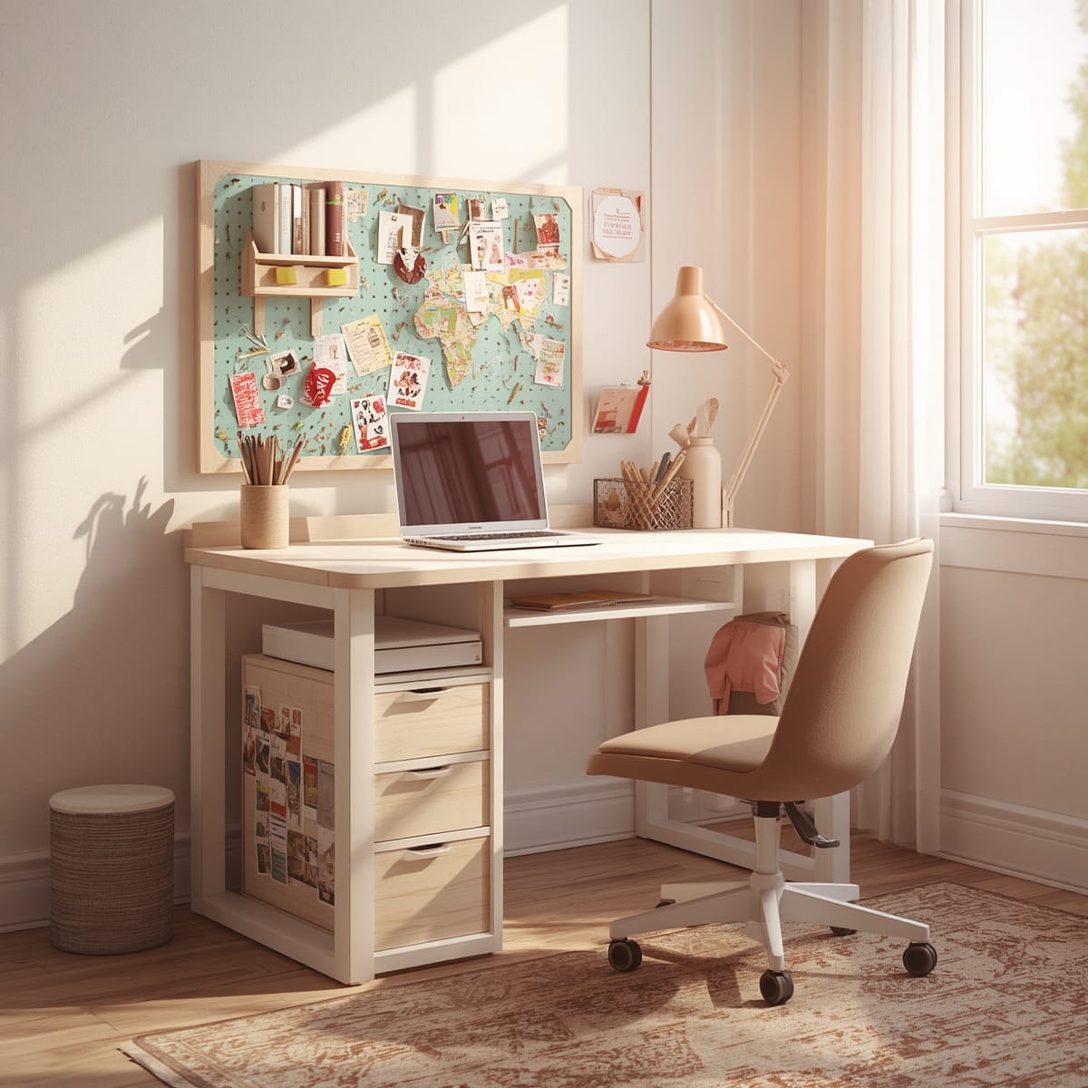 Desk with pinboard and cable tidy suitable for a child and a teen