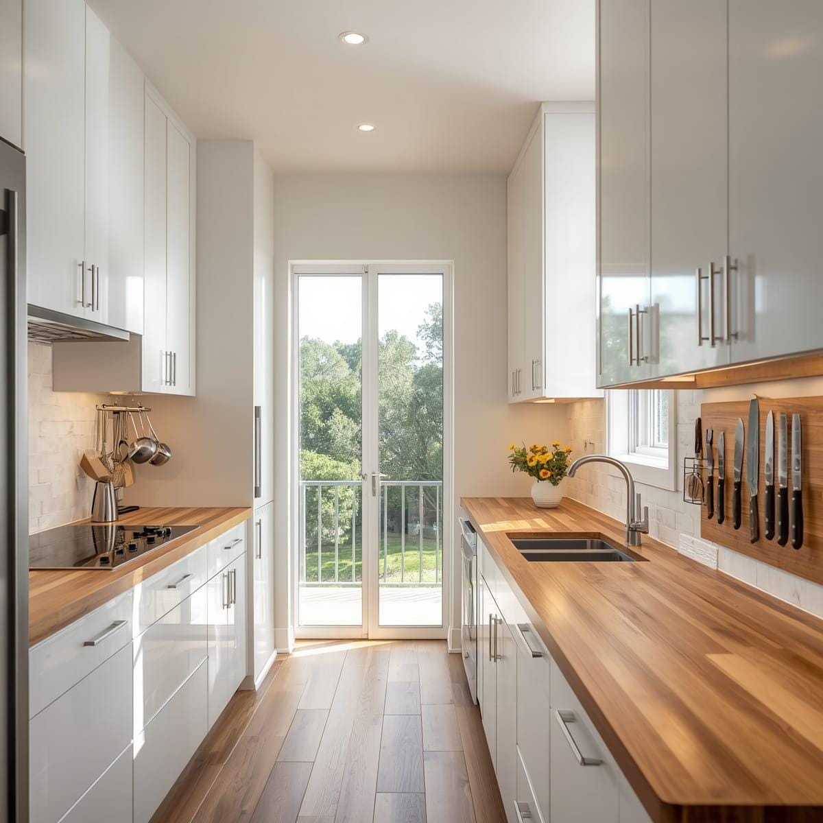 Floor-to-ceiling cabinets with a hanging utensil rail in a small kitchen