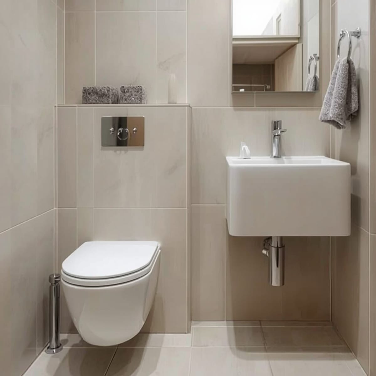 Wall-hung toilet and corner basin freeing visible floor space in a small bathroom