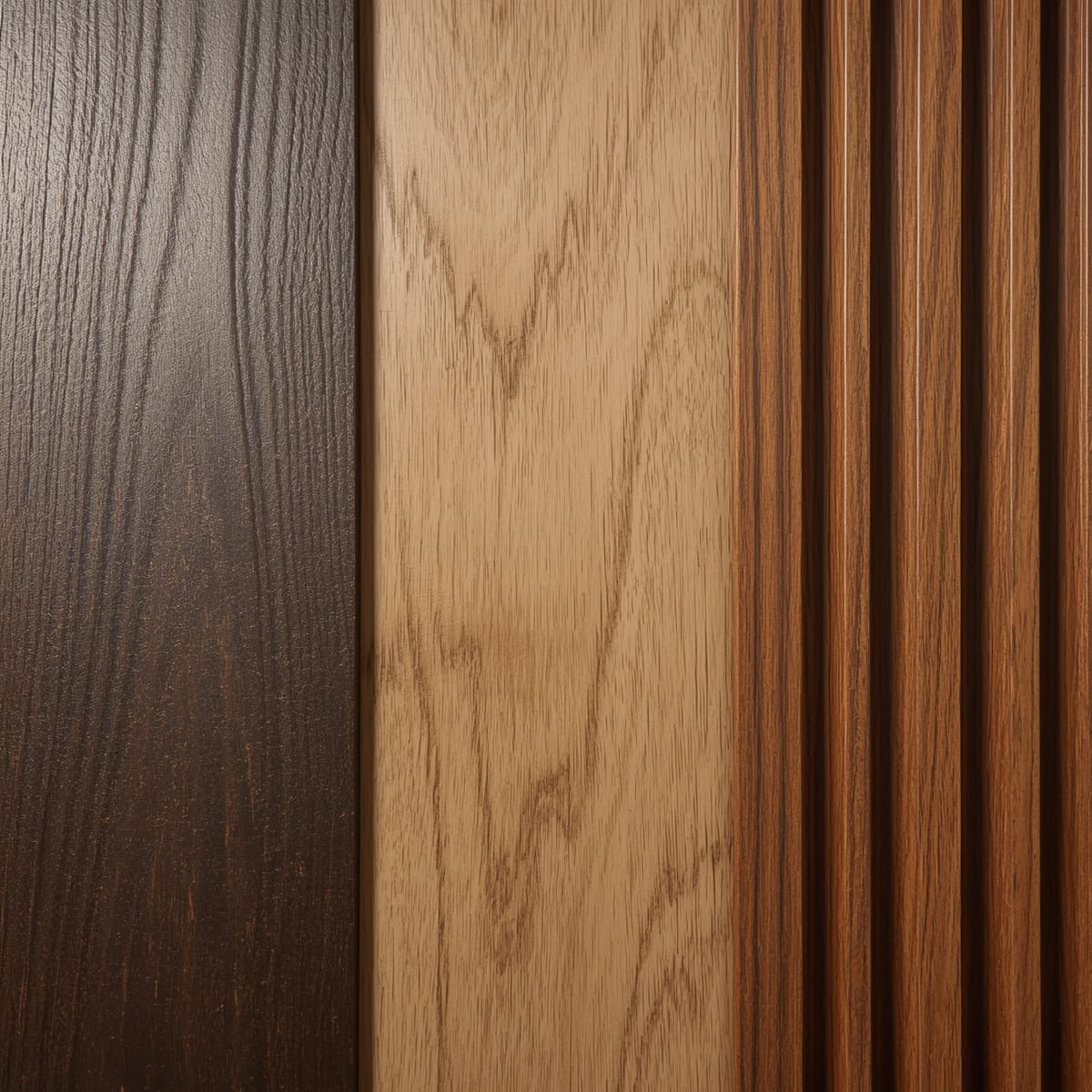 Matte lacquer, oak veneer and fluted wood furniture finish samples