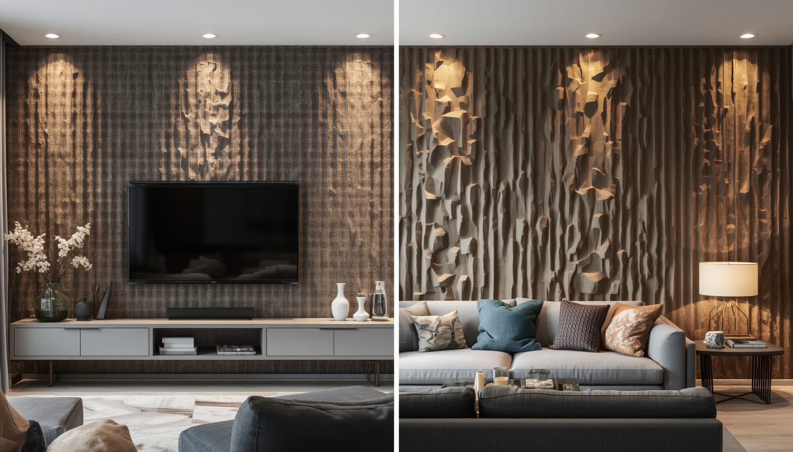 3D feature wall behind the TV compared with one behind the sofa
