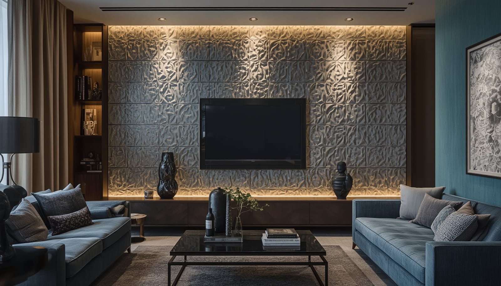 3D feature wall colour-matched to the living room palette and lighting