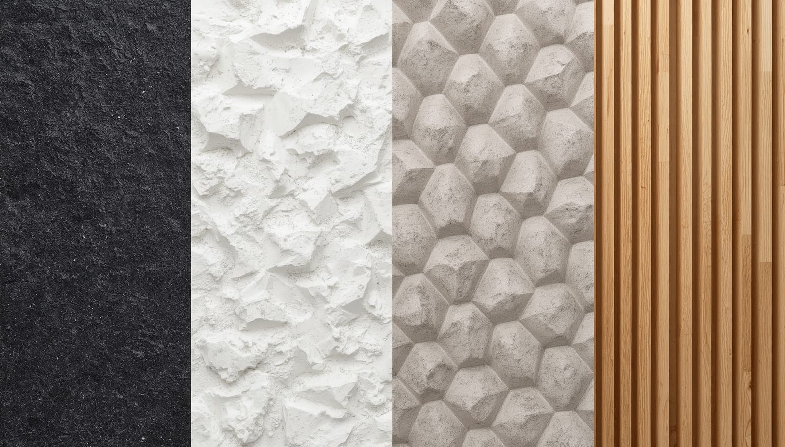 Foam, PVC, gypsum and timber-slat 3D panel samples