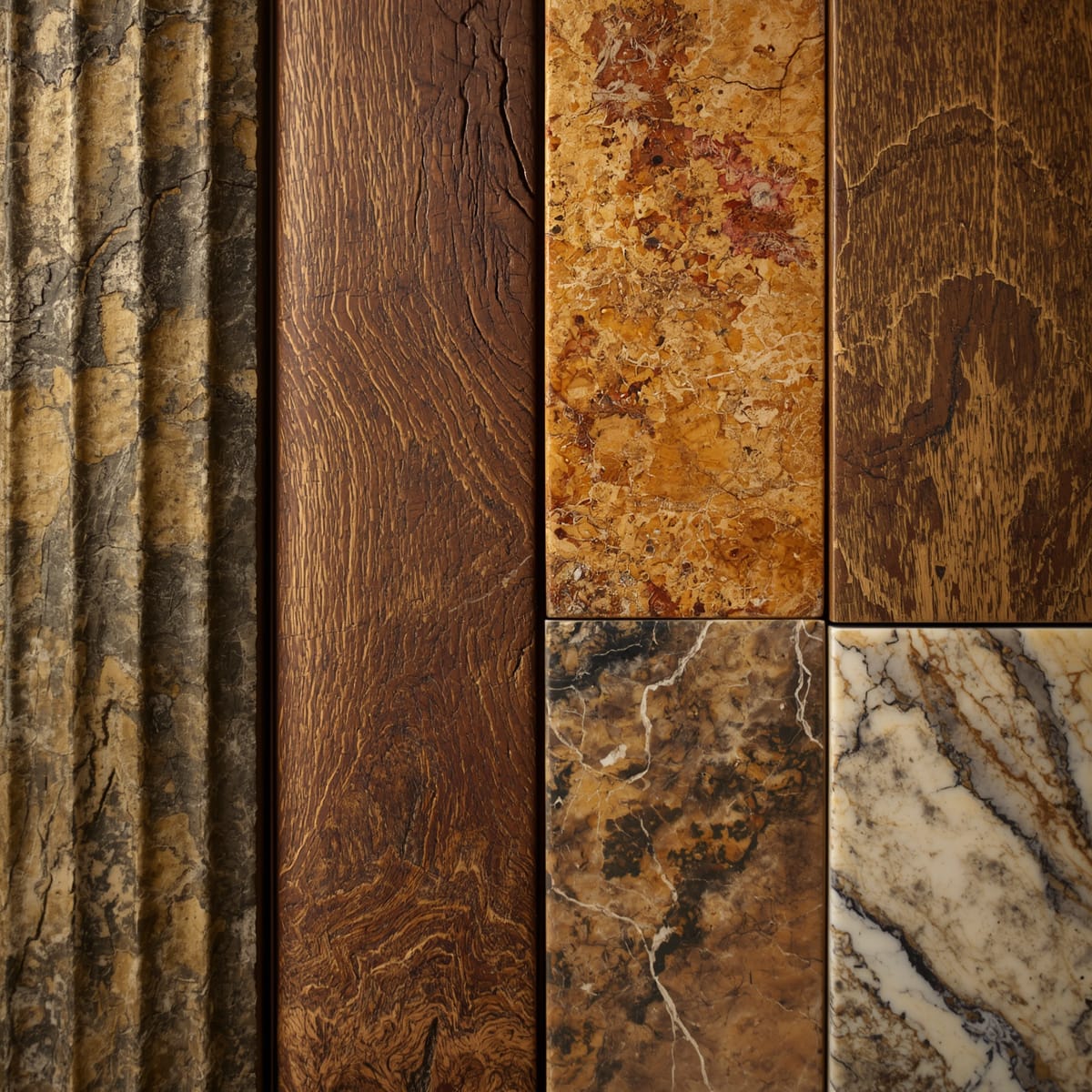 Natural stone, oak, marble and aged brass material close-ups