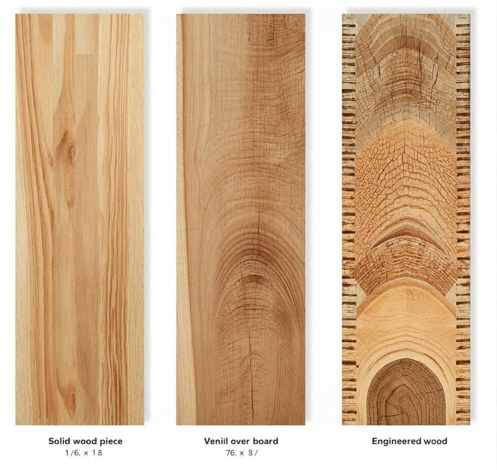 Cross-sections of solid wood, veneer over board and engineered wood