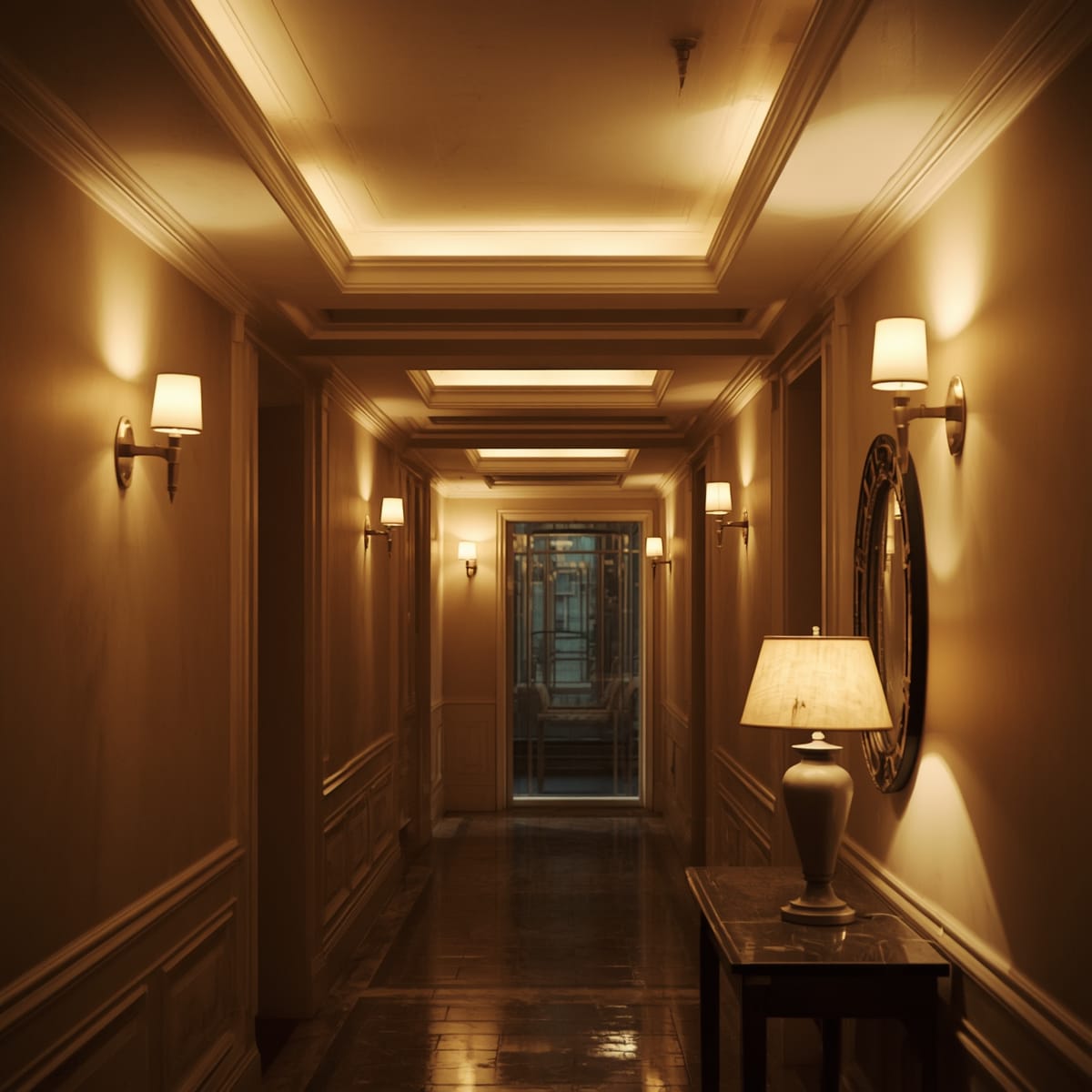 Layered hallway lighting with ceiling lights, sconces and a console lamp
