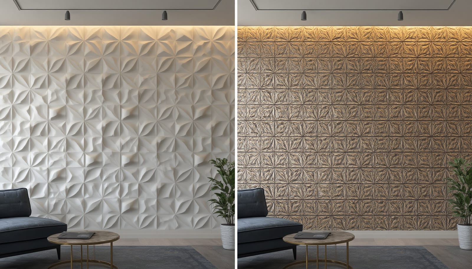 Large-repeat 3D panel beside a small busy pattern on a large wall