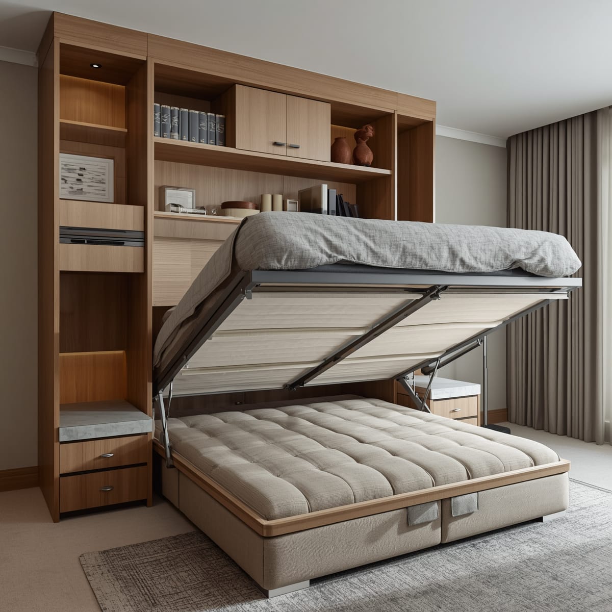 Murphy wall bed half-folded with an integrated desk below