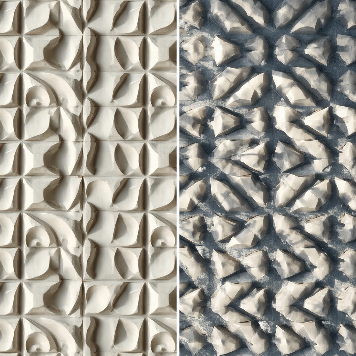 Raised 3D wall panel beside a printed faux-3D wallpaper