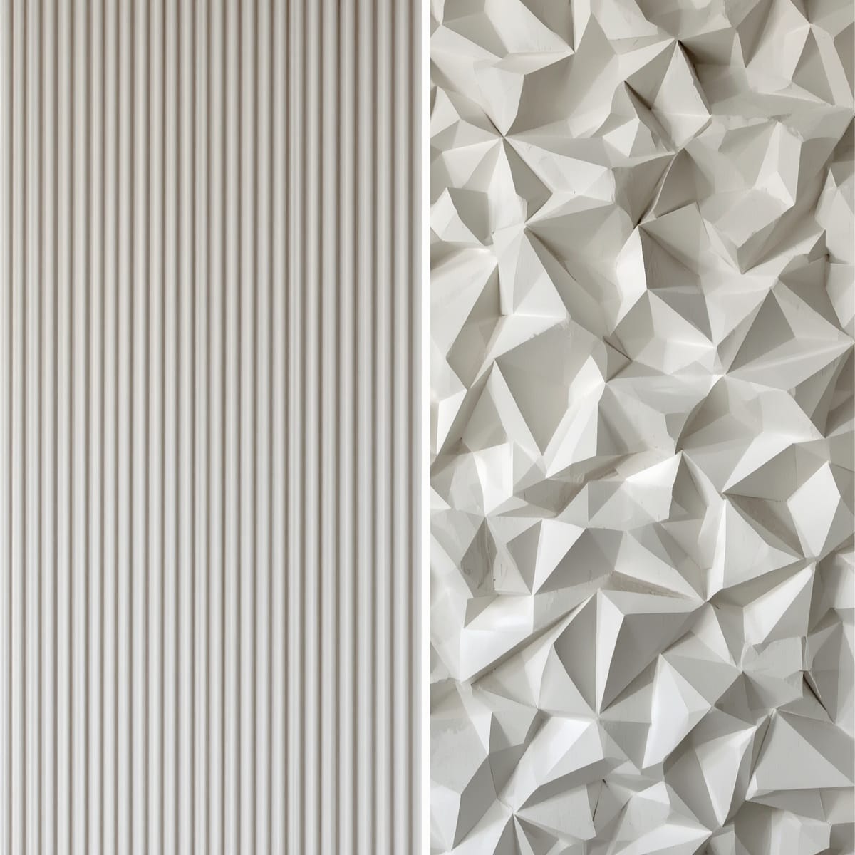 Subtle fluted texture beside a busy geometric 3D pattern