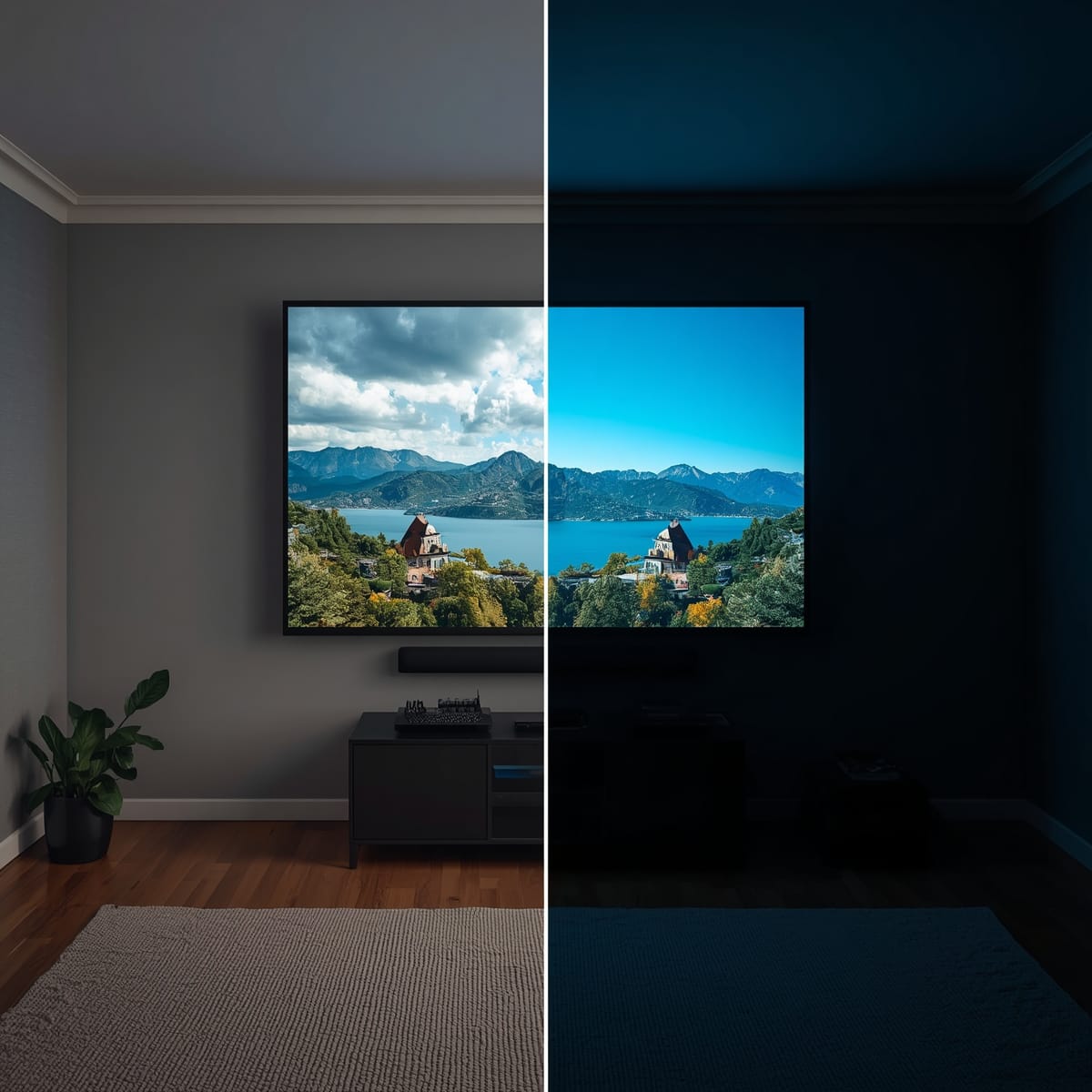 Large TV beside a projector and screen setup in a home theatre
