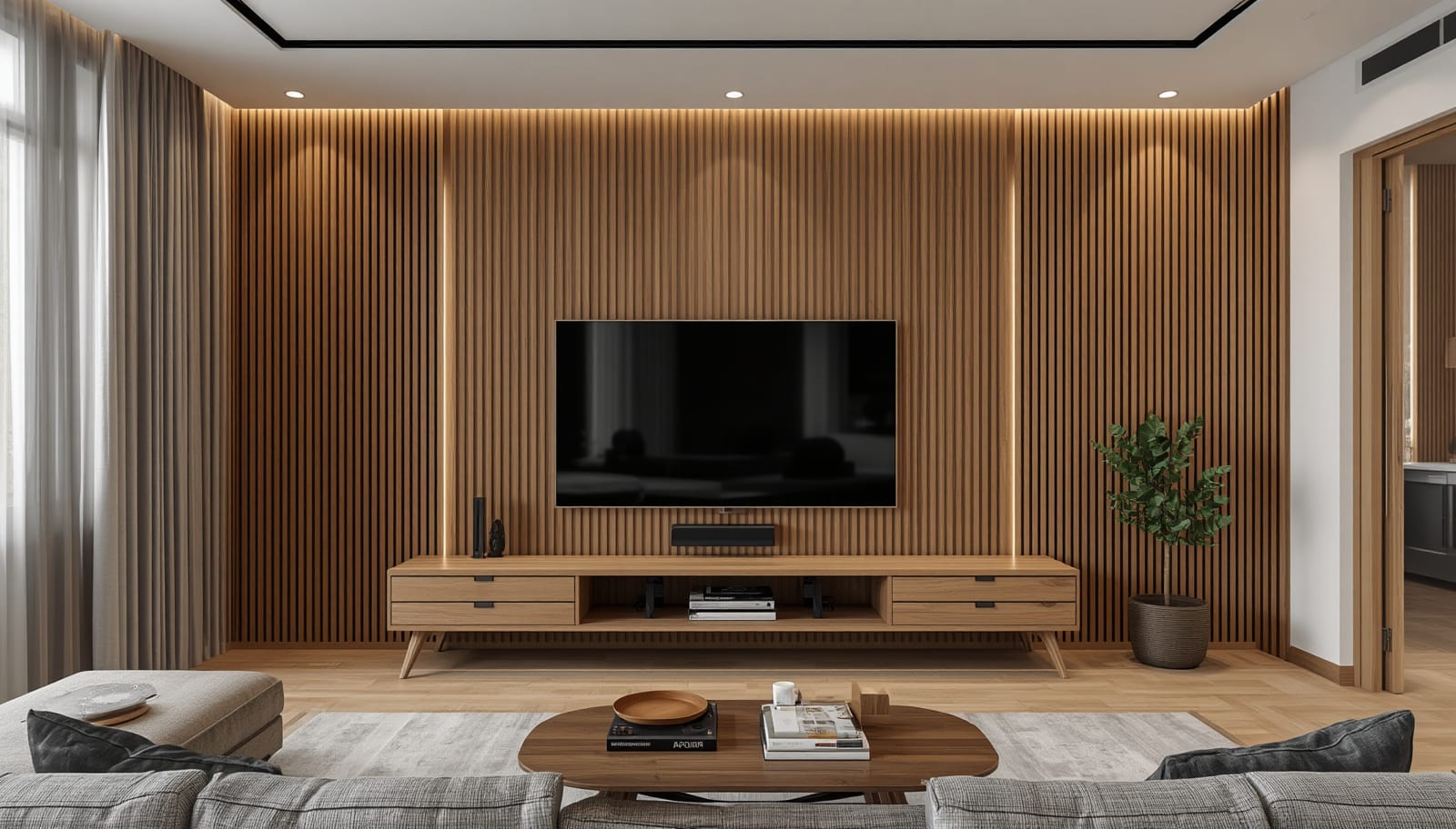Timber slat panels softening sound in a living-room media space
