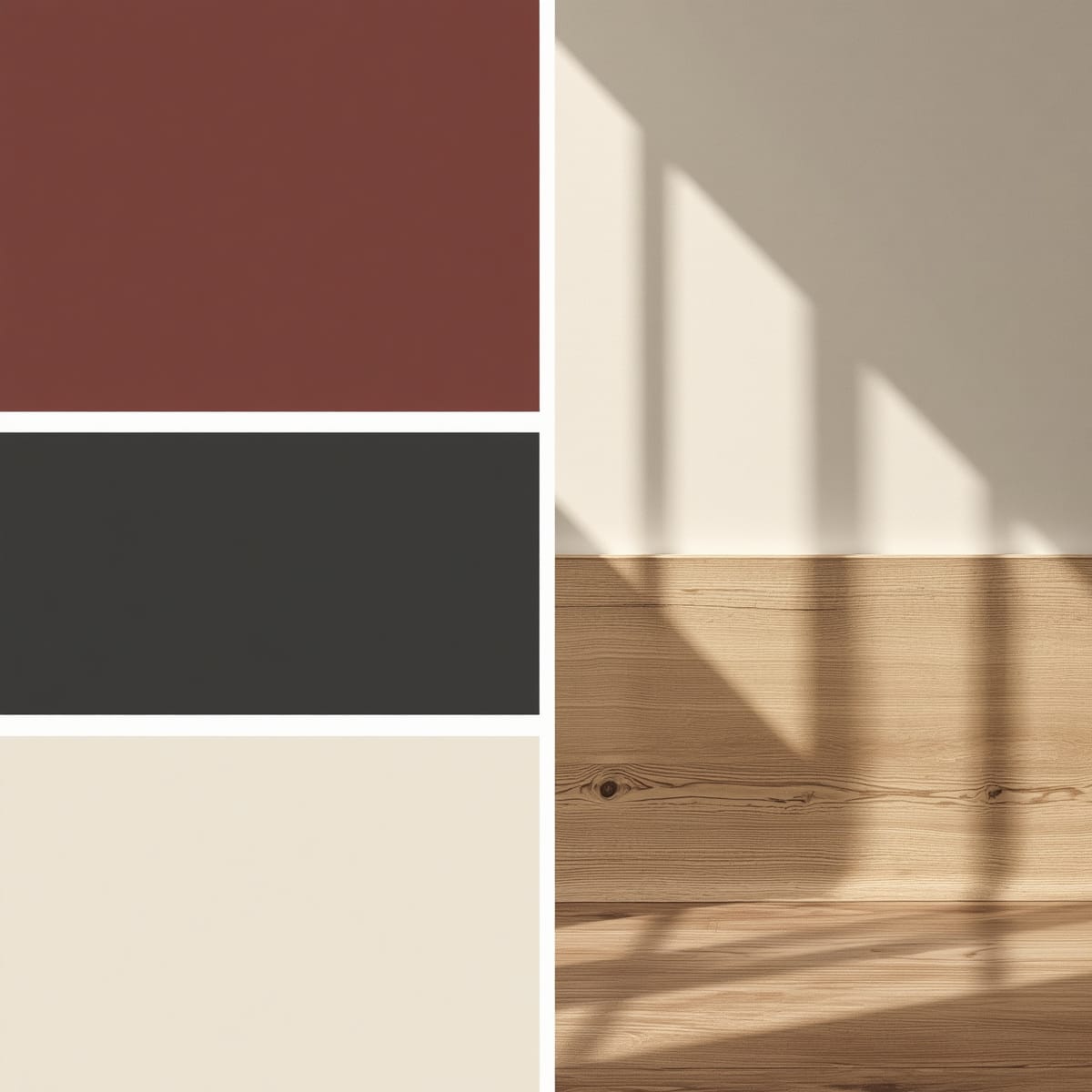 Burgundy paired with charcoal, cream and oak in a balanced bedroom scheme