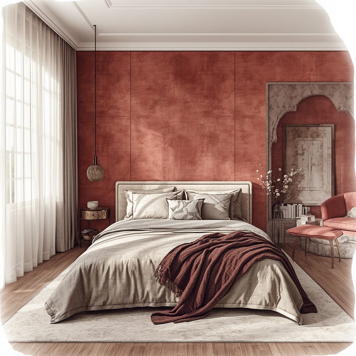 Bedroom with a muted red textured wallpaper instead of flat red paint