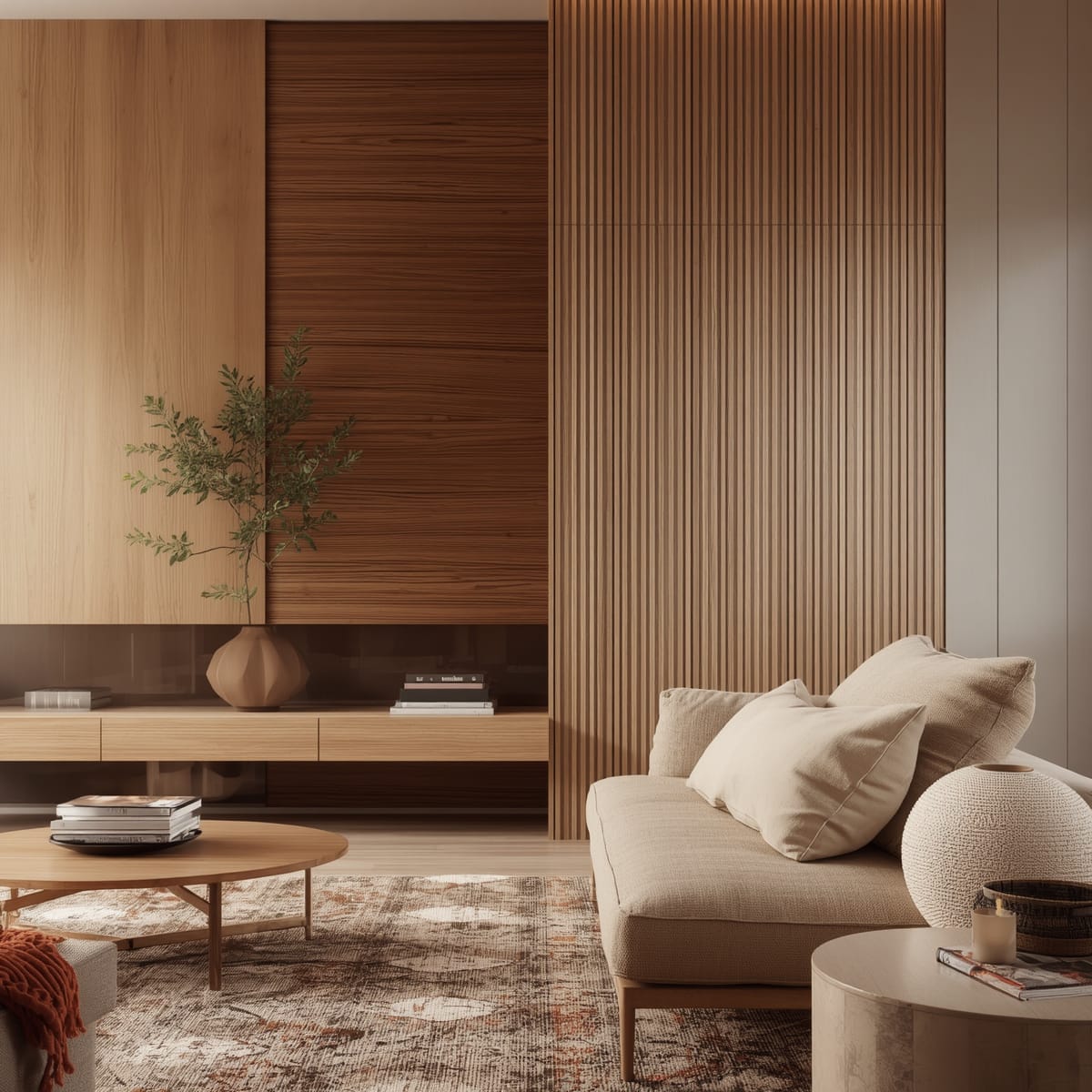 Restrained classic palette of warm neutrals with accent colours and natural textures