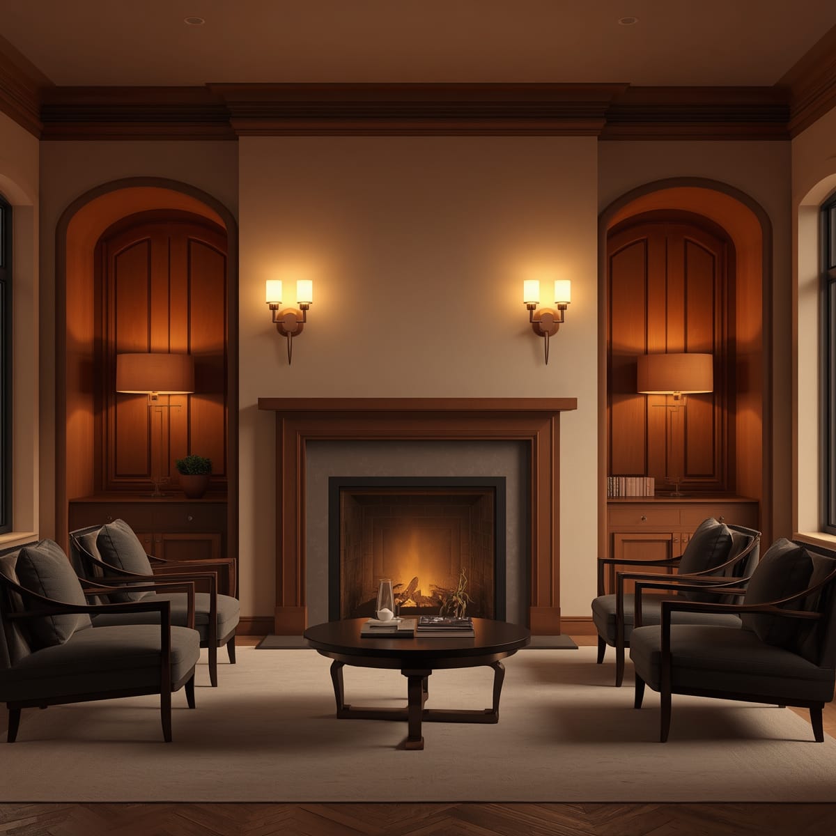Fireplace flanked by matching alcoves, lamps and chairs in symmetry