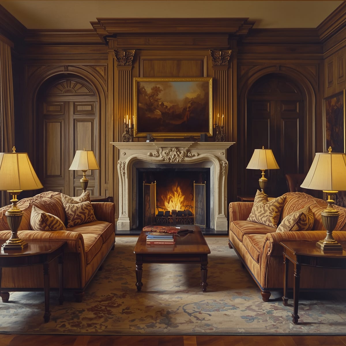 Classic living room with symmetrical sofas, paneled walls and a central fireplace