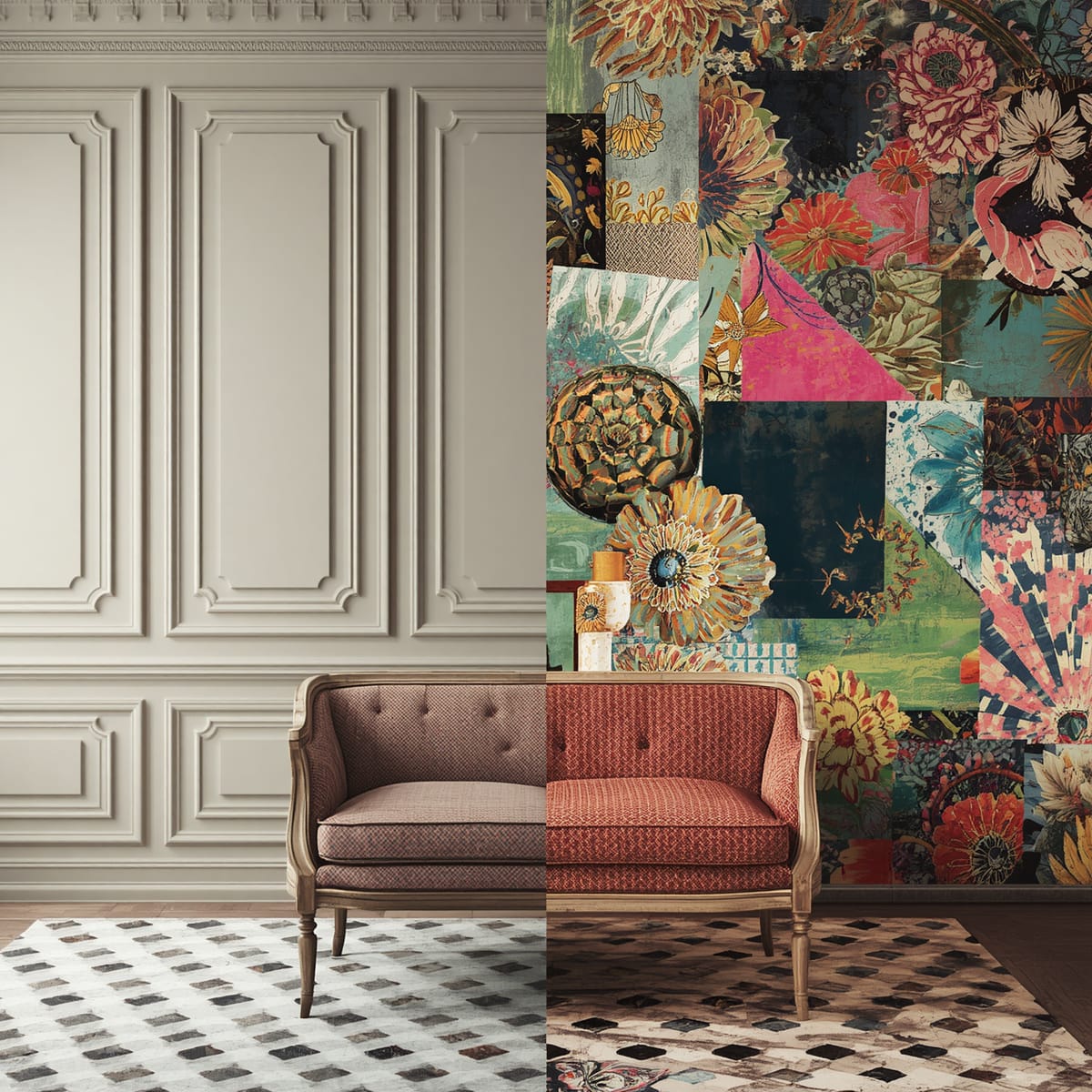 Restrained classic scheme beside an over-fussy dated scheme