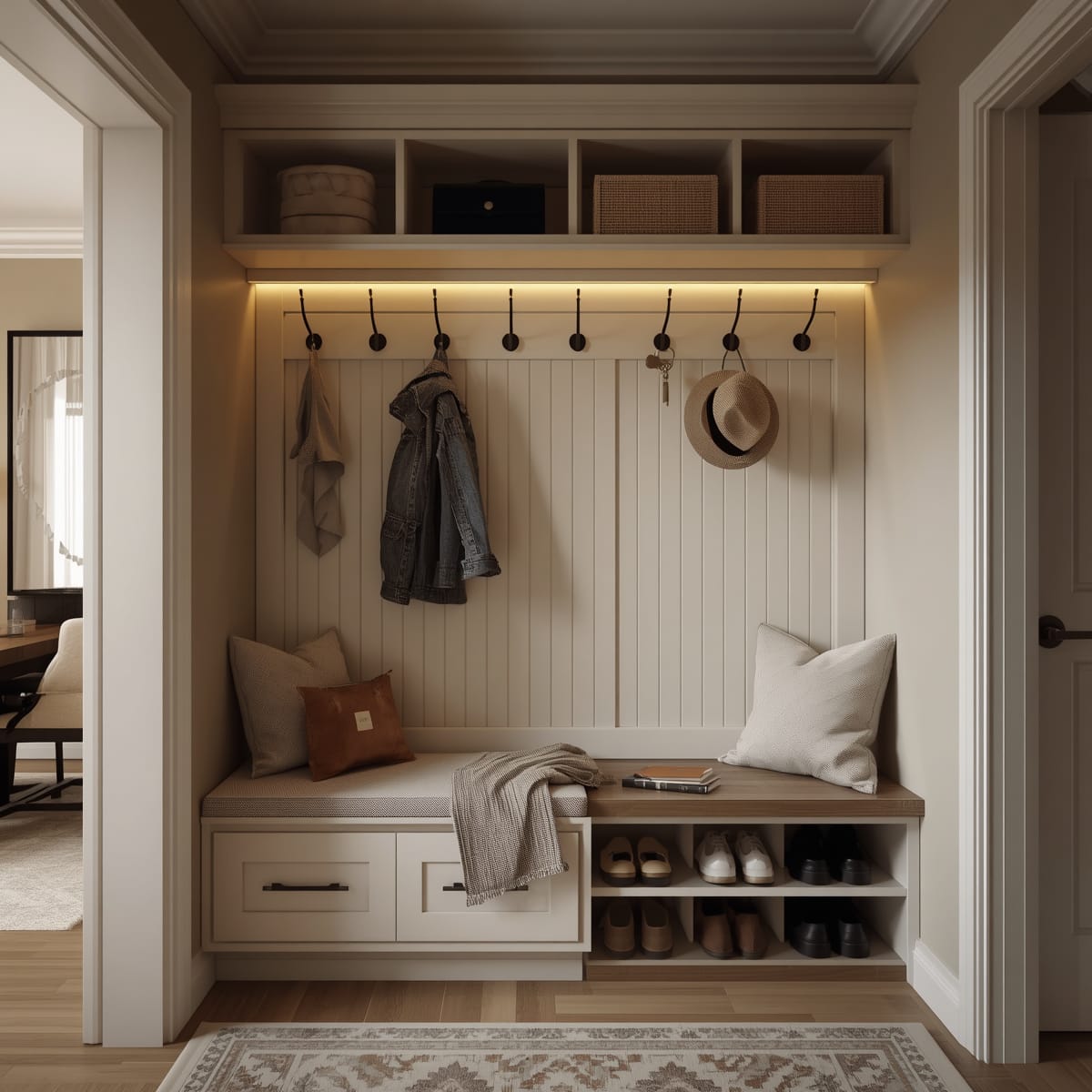 Compact entry drop zone with hooks, key tray, bench and shoe storage