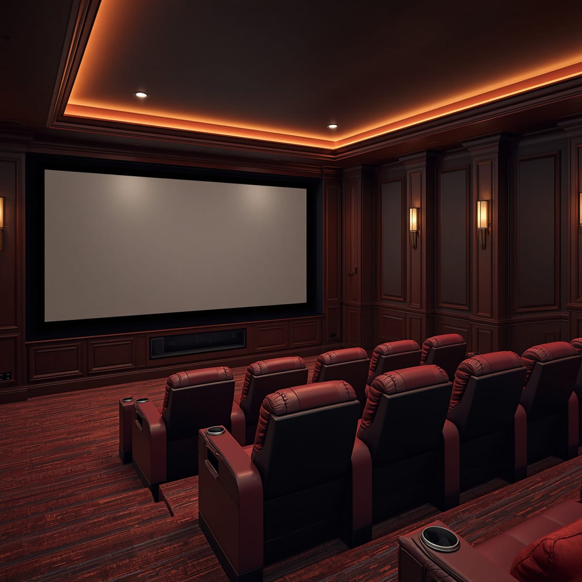 Cosy home theatre with a large screen, tiered recliners and bias lighting