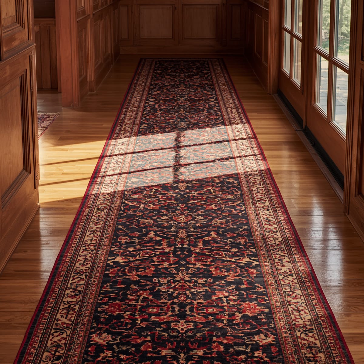 Durable hallway floor with a runner defining the walking path