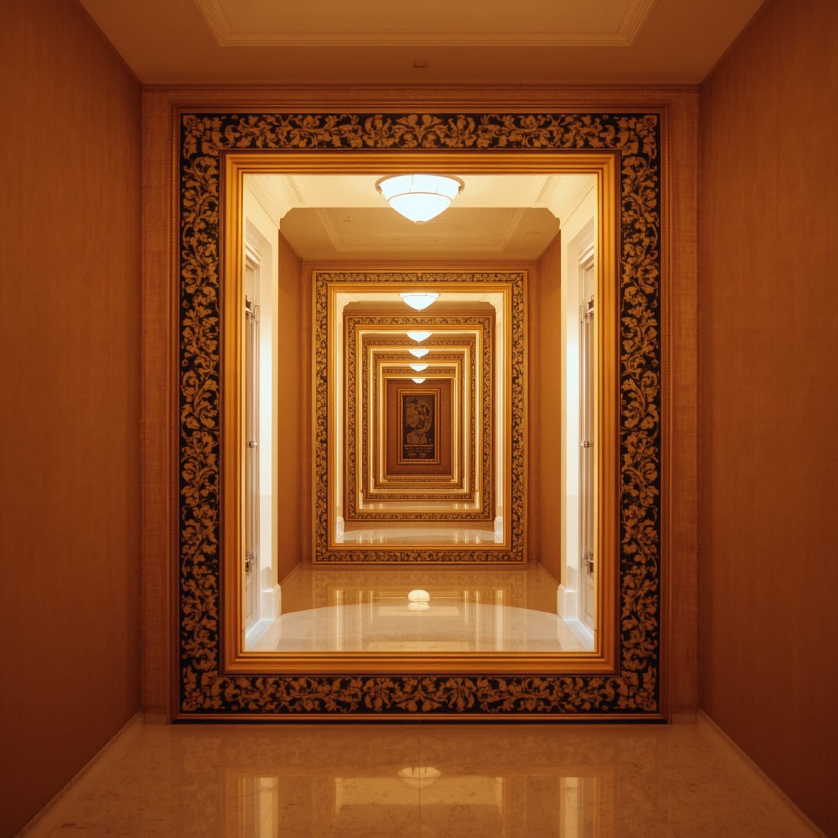 A large mirror on a hallway wall bouncing light and visually widening the space.