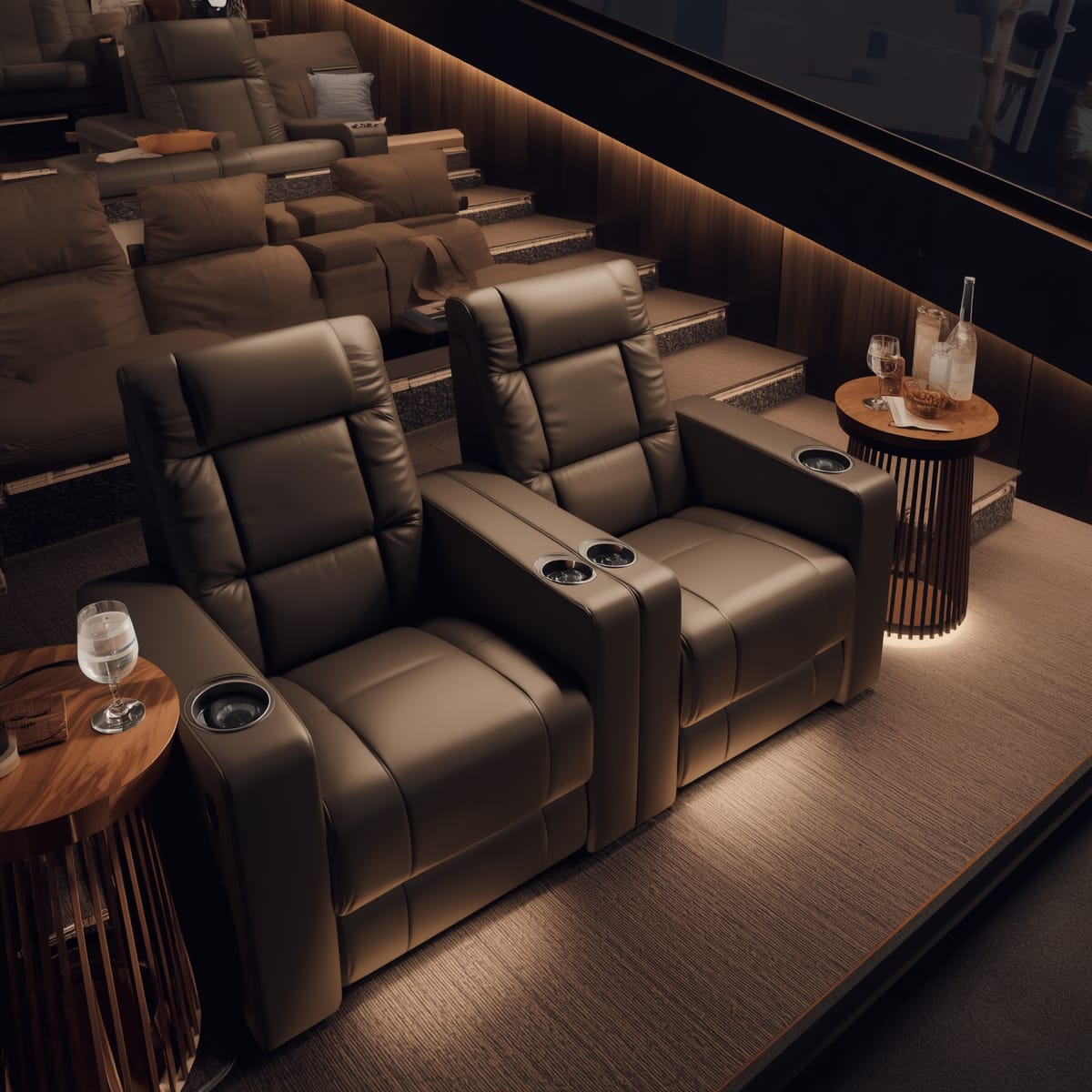 Reclining home theatre seating with a side table and tidy cabling