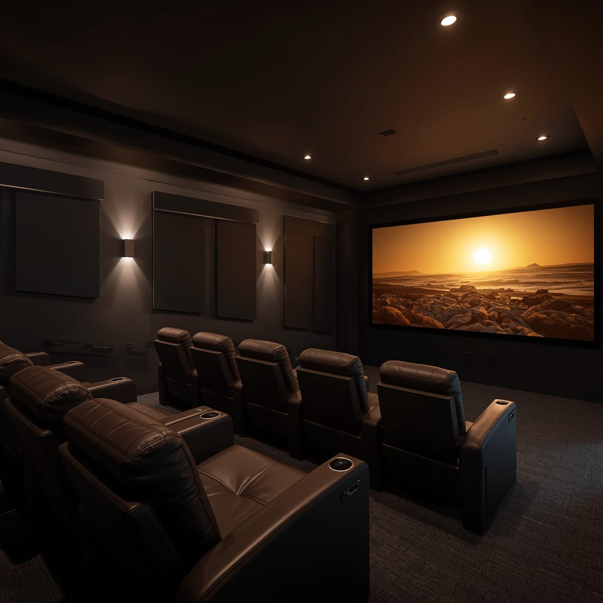 Home theatre with blackout blinds and dark walls absorbing stray light