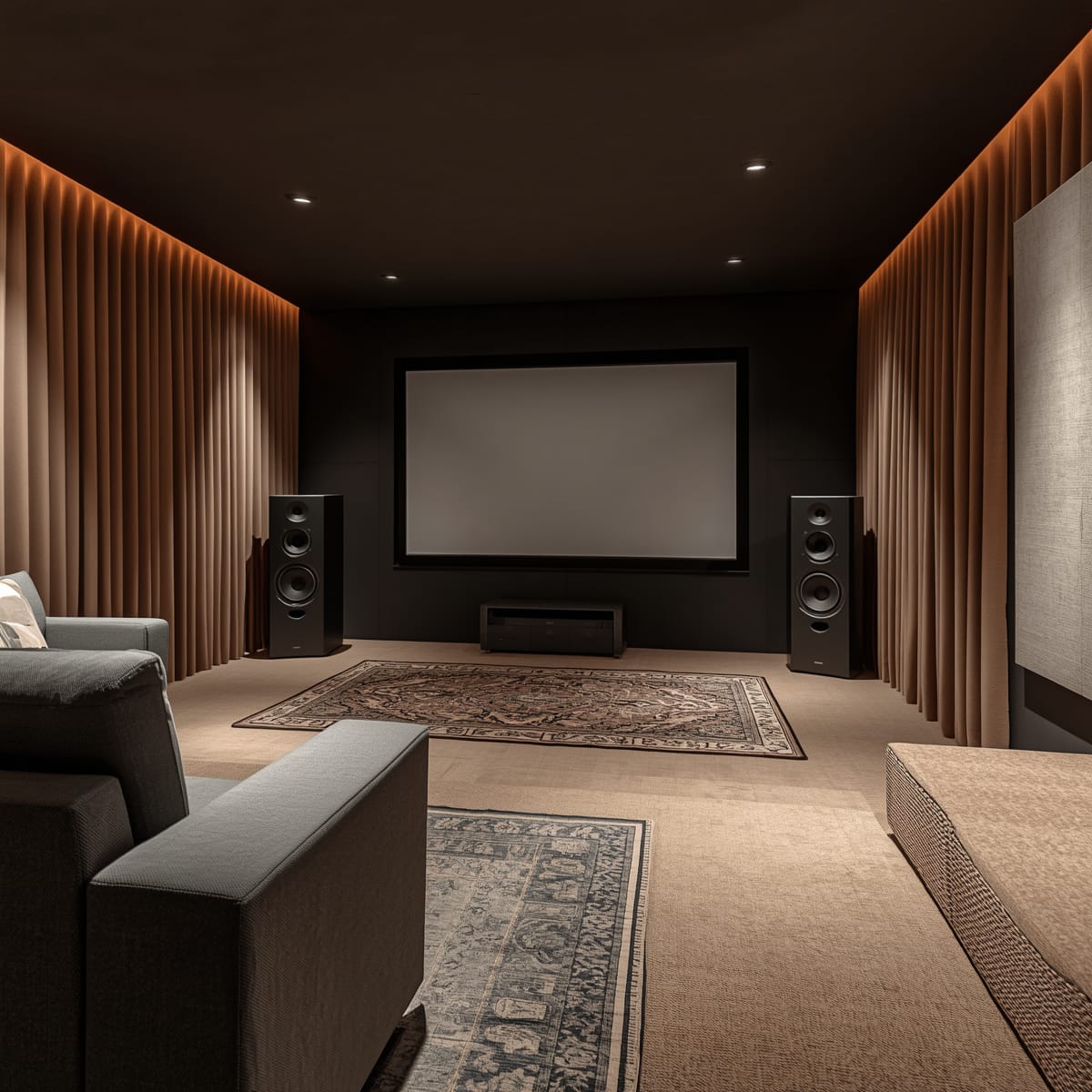 Home theatre speakers with rugs, curtains and acoustic panels softening the room