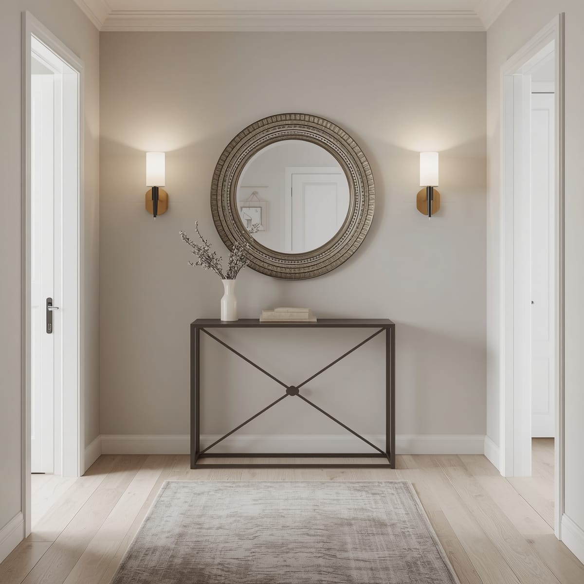 Modern hallway with a slim console, round mirror, sconces and a runner