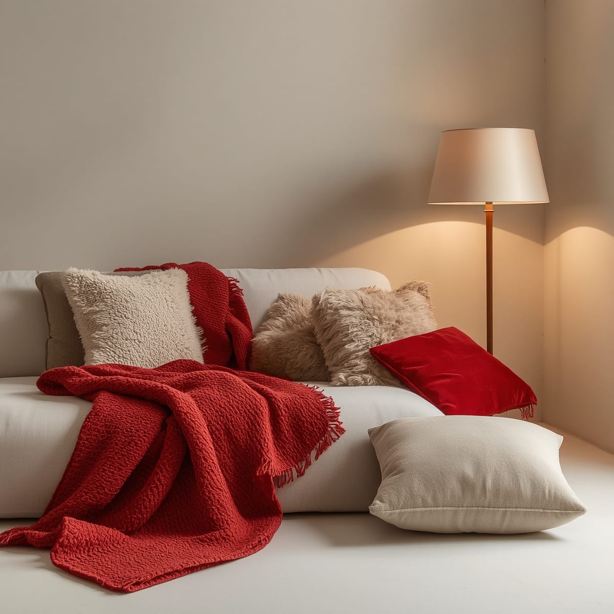 Red introduced through a throw, cushions and a lampshade in a neutral room