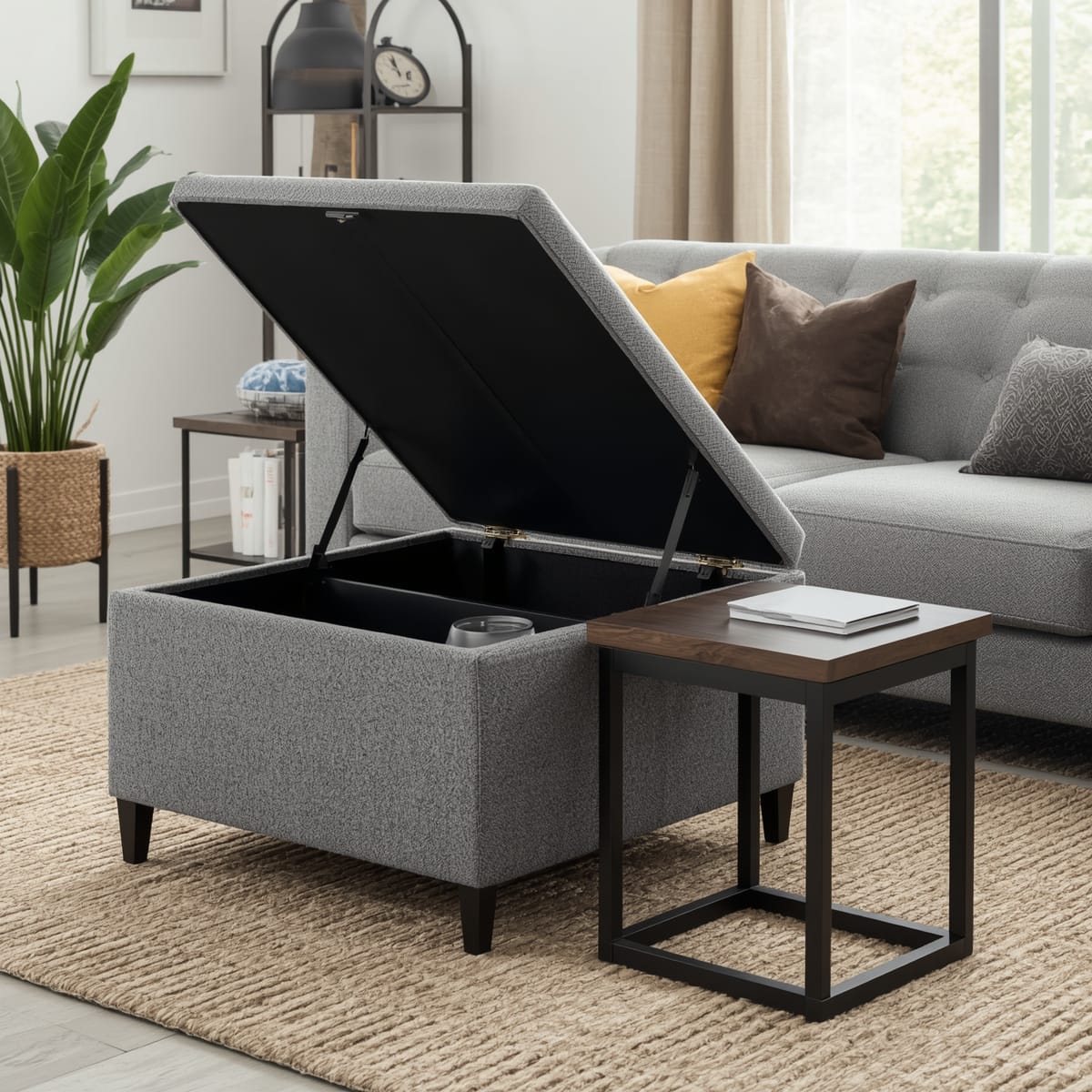 Ottoman with hidden storage and a nesting side table that tucks away