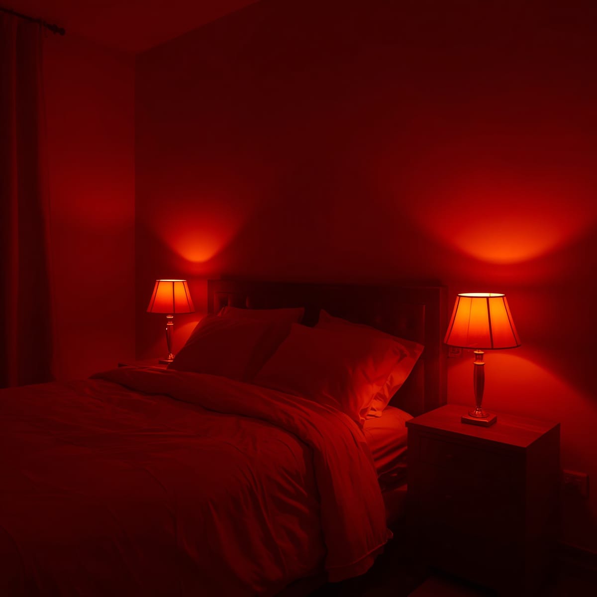 Red bedroom at night with warm layered bedside and wall lighting