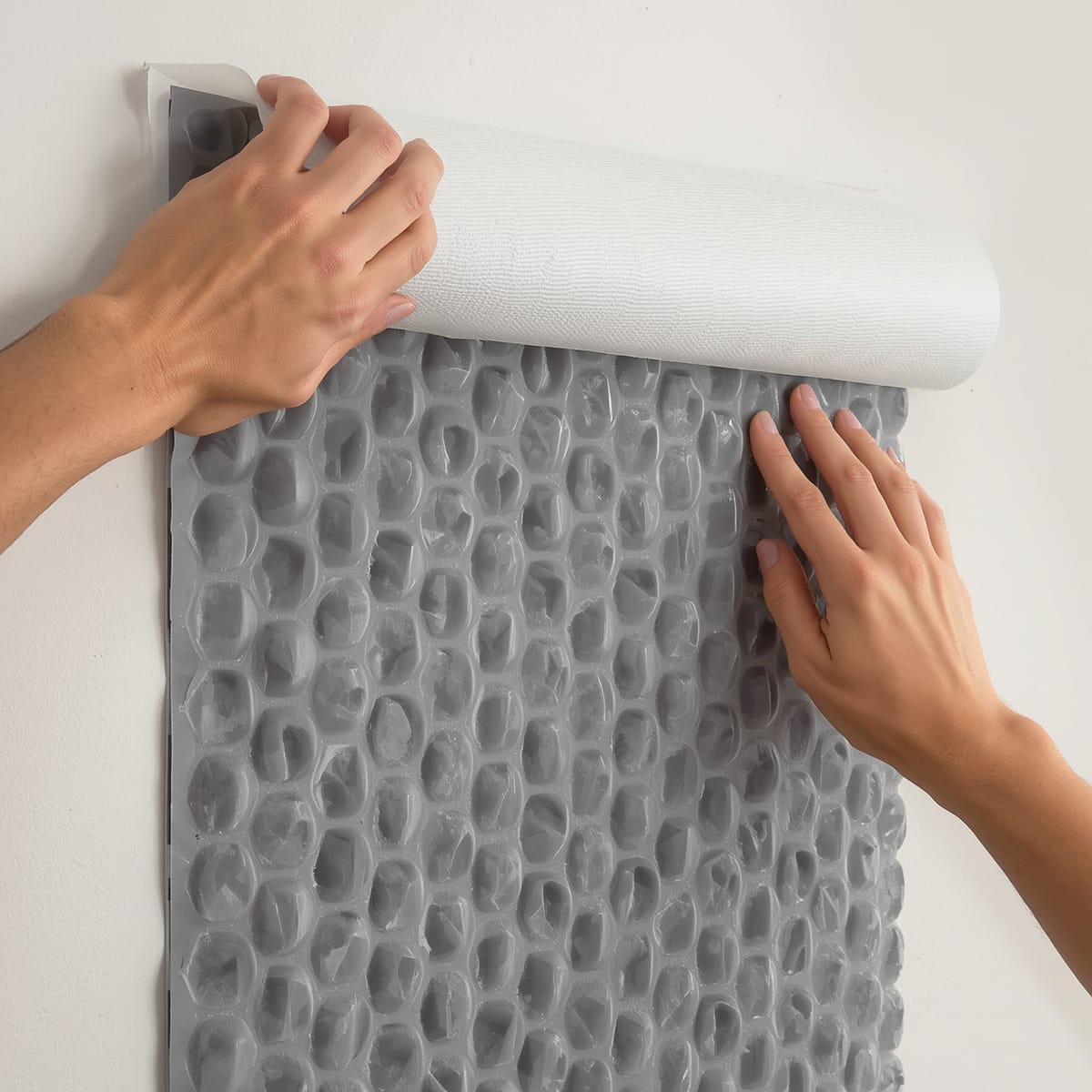 Peel-and-stick 3D foam wall panel being applied to a bedroom wall