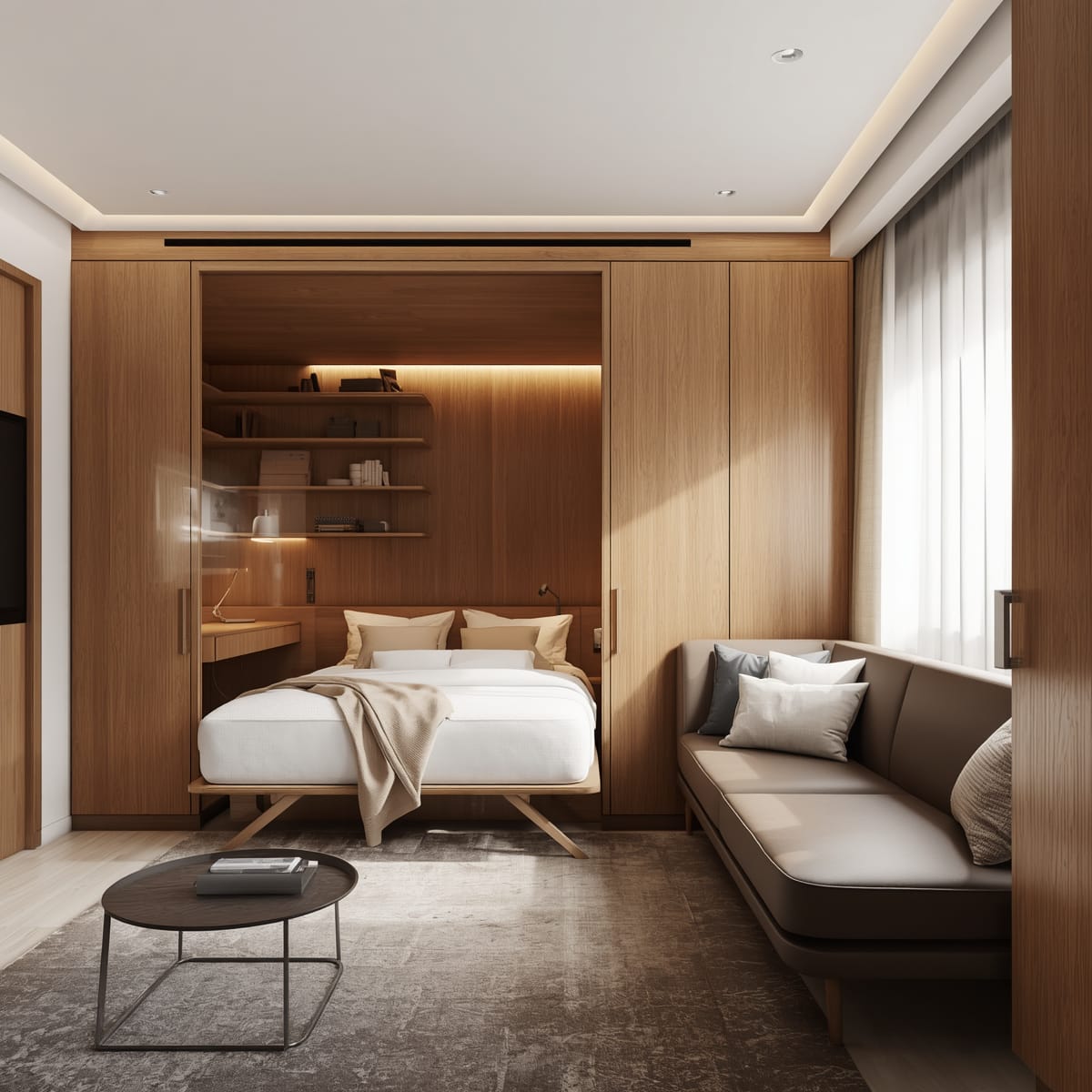 Small bedroom with a wall bed folded up to reveal a daytime study area