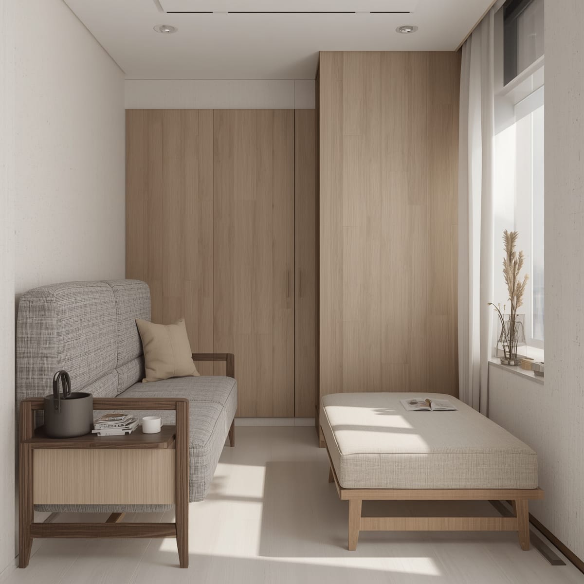 Small bedroom with a single foldable piece and simple fixed furniture