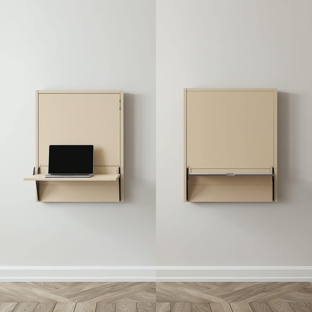 Wall-mounted fold-down desk shown open and folded flat
