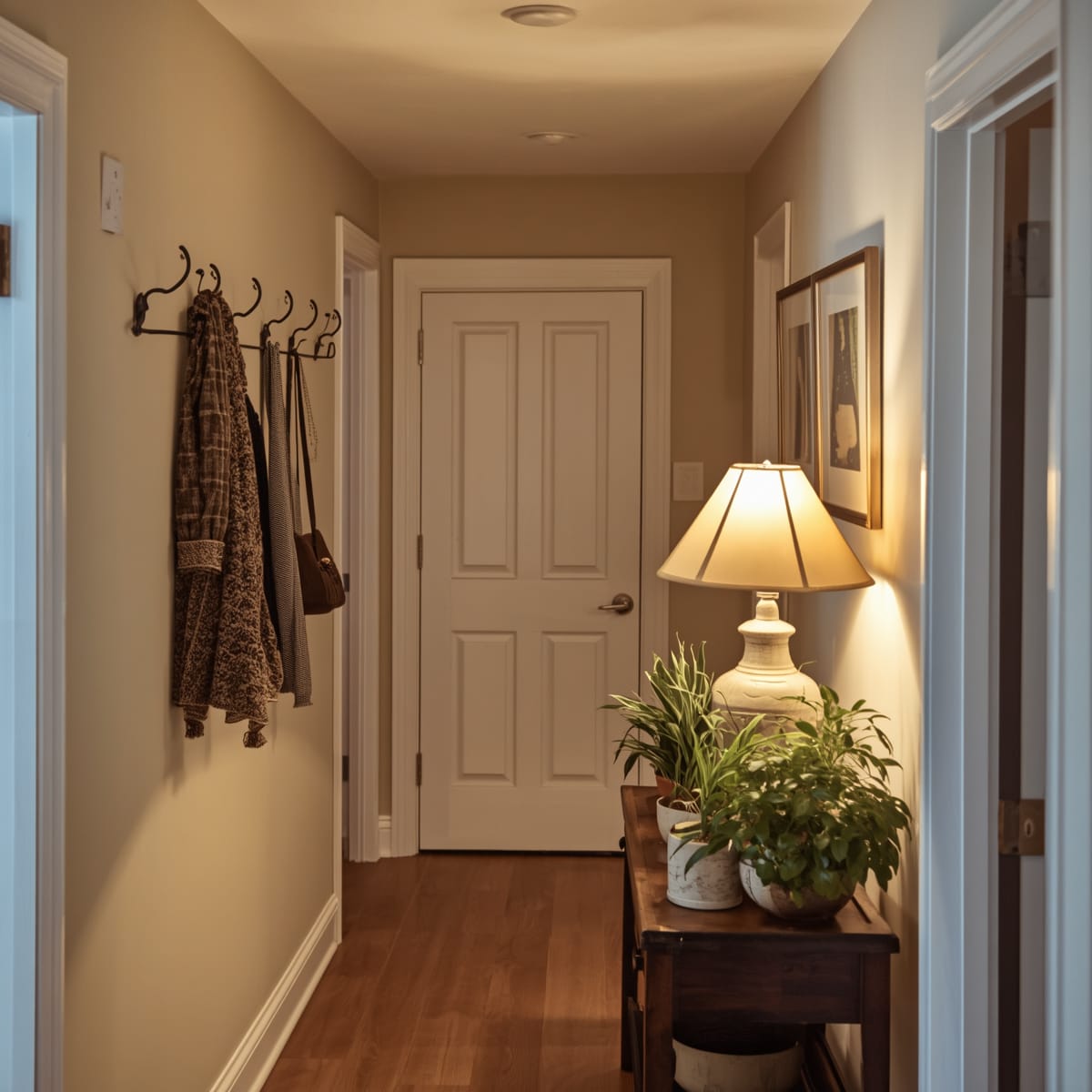Narrow hallway kept clear with wall hooks and a shallow console