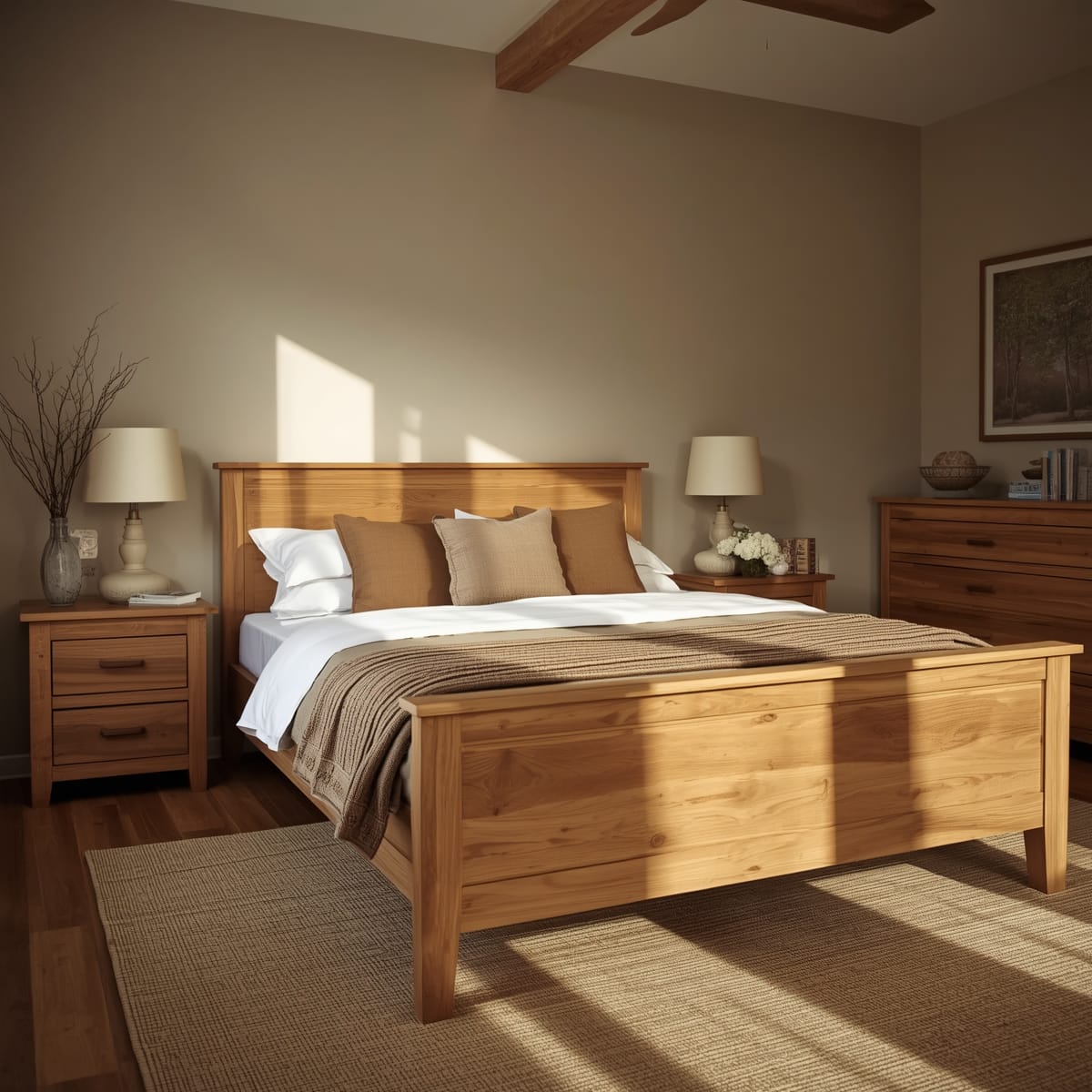 Warm bedroom with an oak bed, nightstands and a walnut dresser in natural light