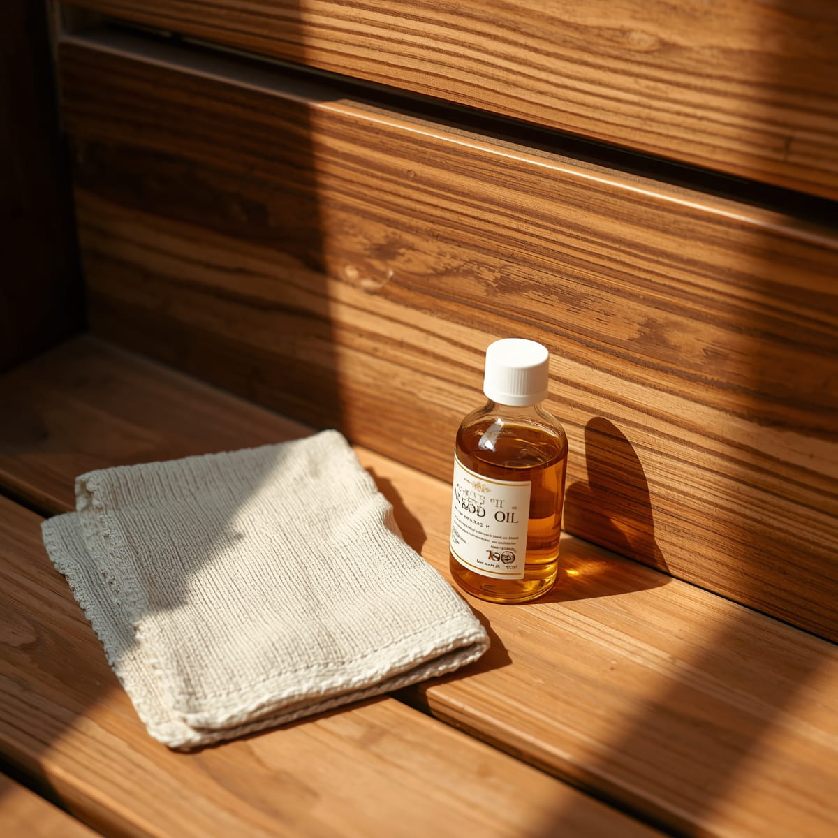 Soft cloth and oil beside a wooden surface kept out of direct sun
