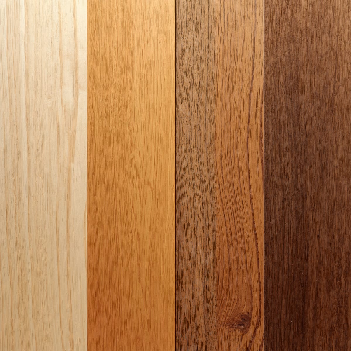 Oak, walnut, ash and pine wood tone samples from light to dark