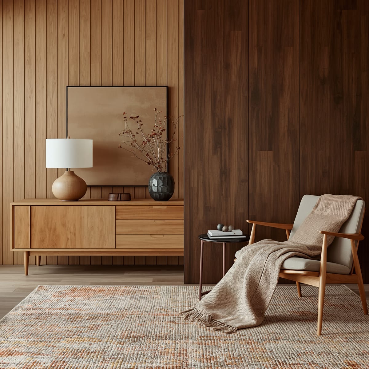 Two wood tones combined in a bedroom with a unifying textile